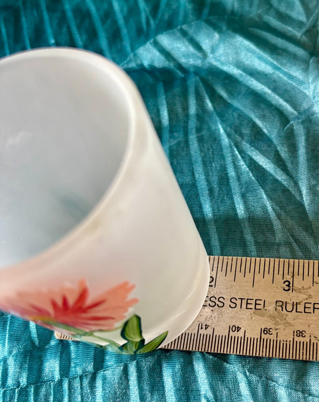 Vintage Frosted Glass Votive Candle Holder Hand Painted Pink Flower Floral