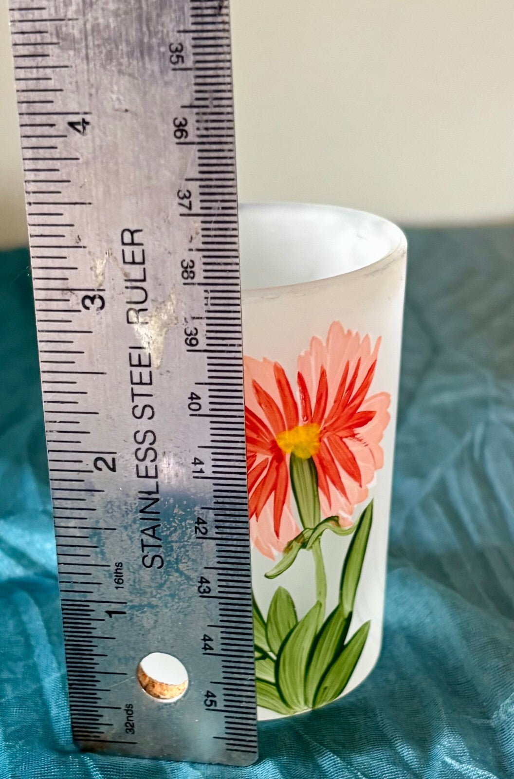 Vintage Frosted Glass Votive Candle Holder Hand Painted Pink Flower Floral