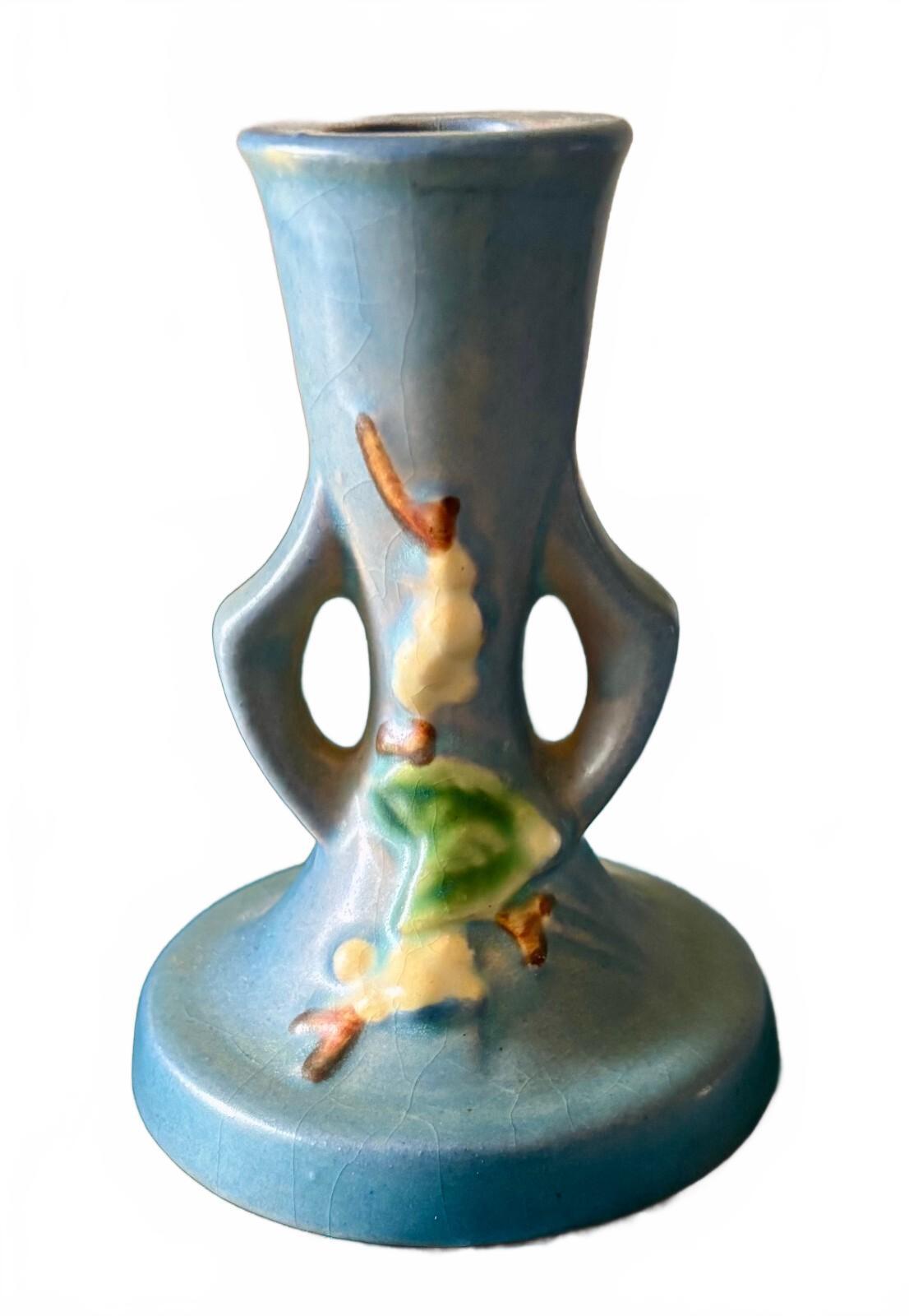 Vintage Roseville White Rose Blue Art Pottery Candle Stand Candlestick 1940s