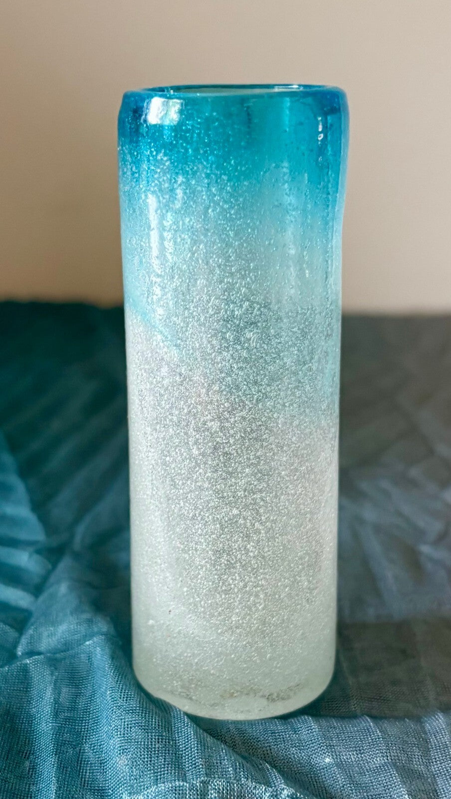 Vintage Turquoise Art Glass Bud Vase Frosted Bubble Ombré Coastal Decor