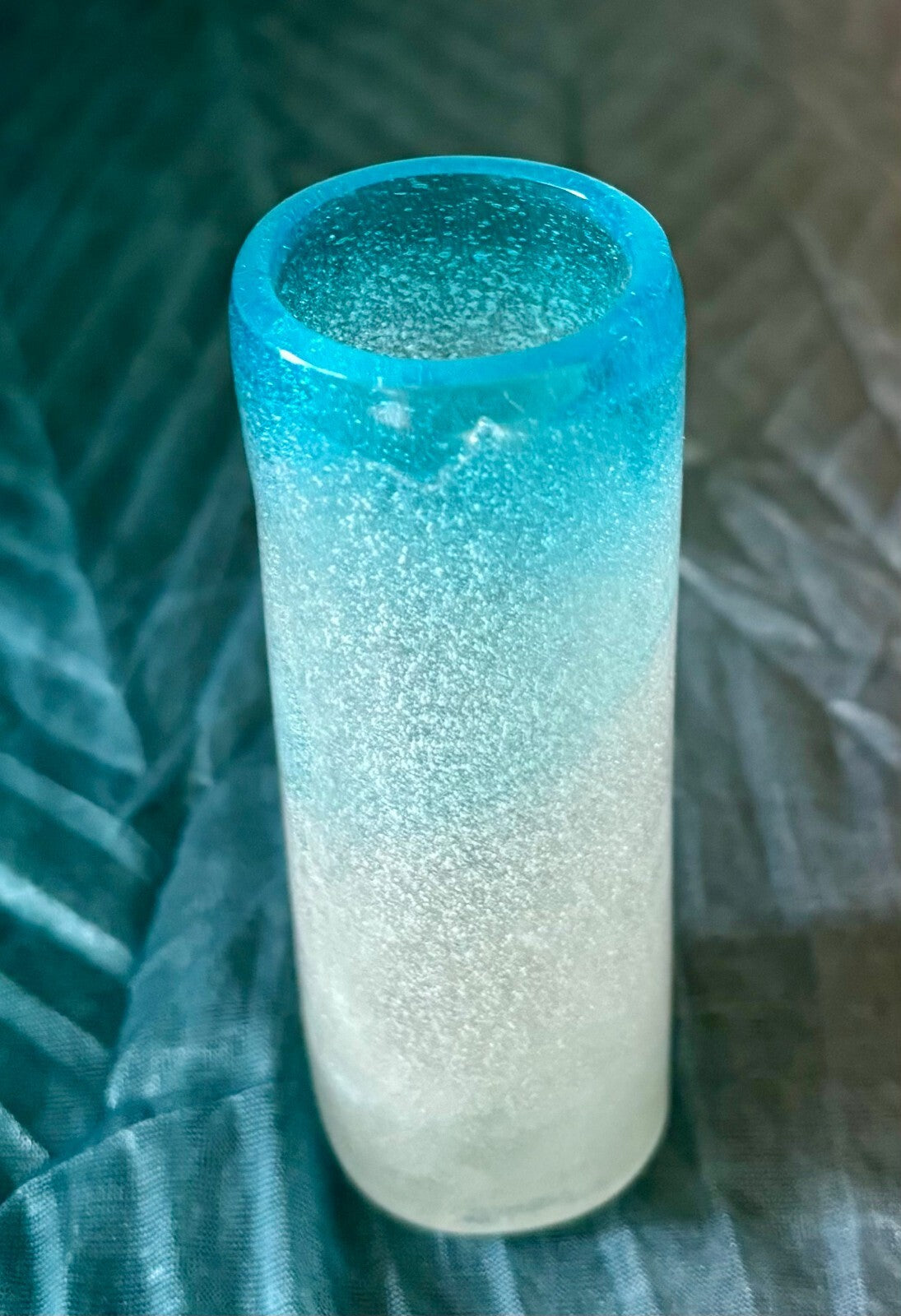 Vintage Turquoise Art Glass Bud Vase Frosted Bubble Ombré Coastal Decor
