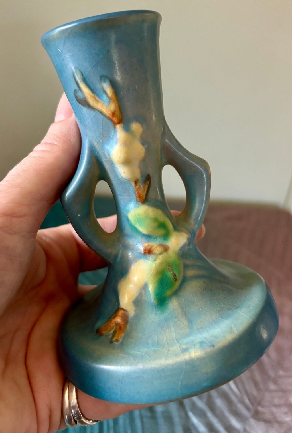 Vintage Roseville White Rose Blue Art Pottery Candle Stand Candlestick 1940s