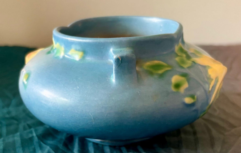 Vintage Roseville White Rose 653-3 Blue Art Pottery Planter Jardiniere 1940