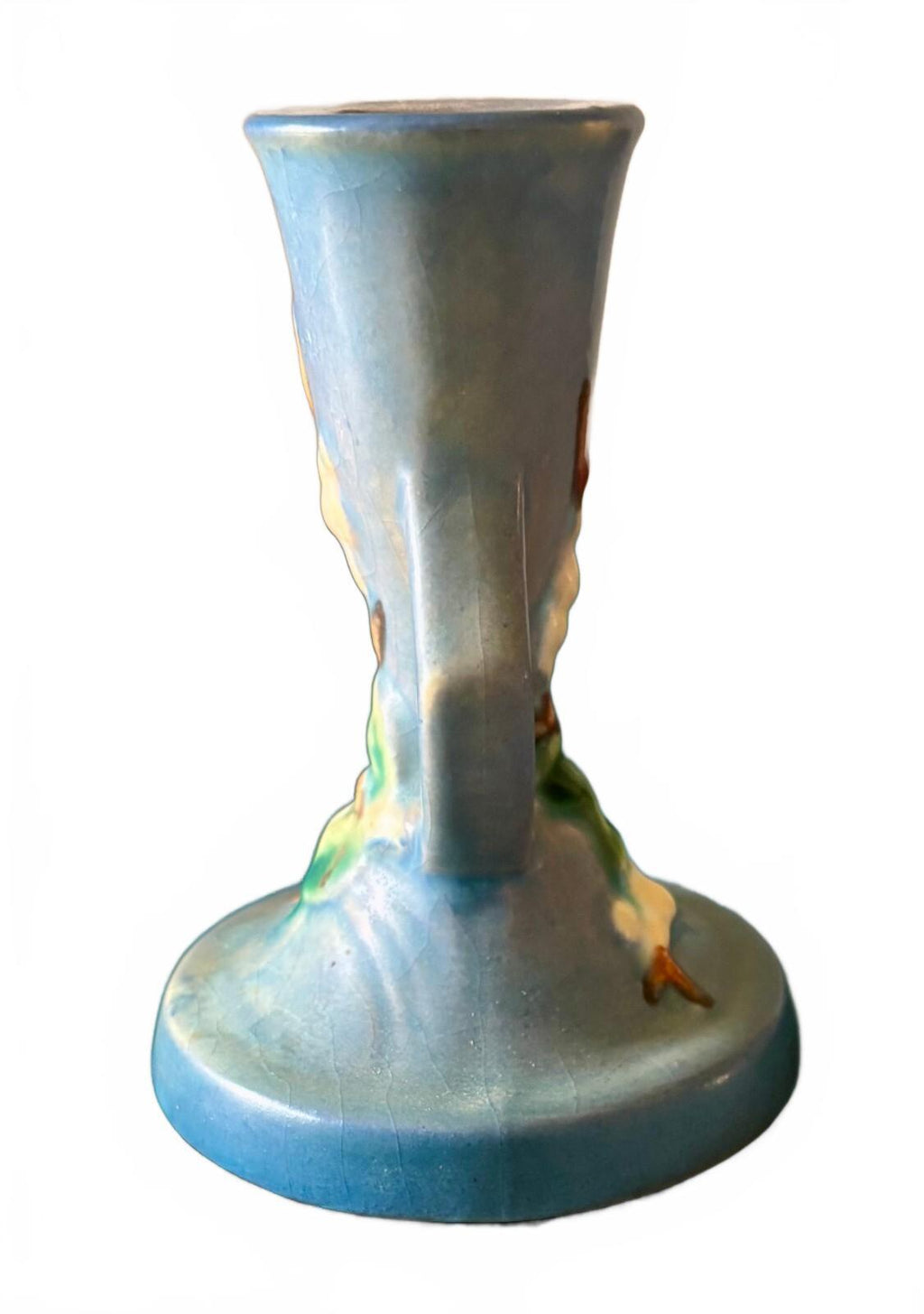 Vintage Roseville White Rose Blue Art Pottery Candle Stand Candlestick 1940s