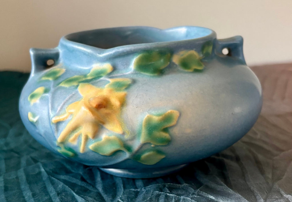 Vintage Roseville White Rose 653-3 Blue Art Pottery Planter Jardiniere 1940