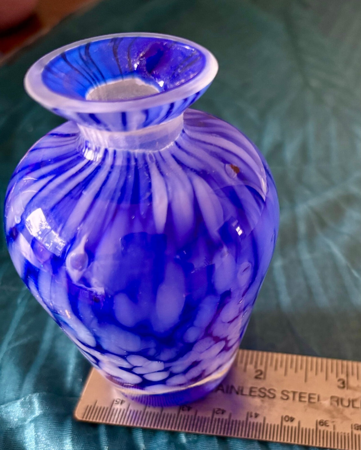 Vintage Cobalt Blue Art Glass Bud Vase White Spatter Hand Blown Mini Vase