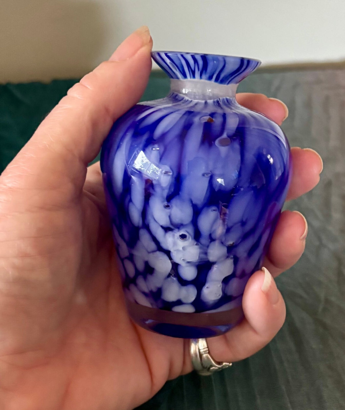 Vintage Cobalt Blue Art Glass Bud Vase White Spatter Hand Blown Mini Vase