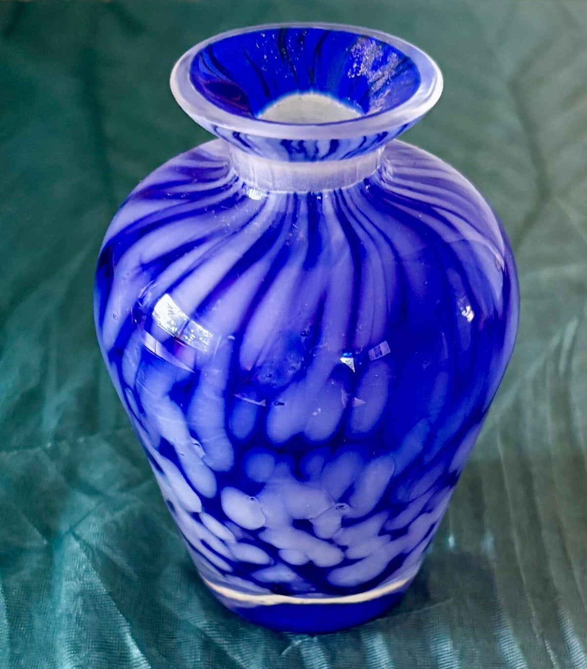 Vintage Cobalt Blue Art Glass Bud Vase White Spatter Hand Blown Mini Vase