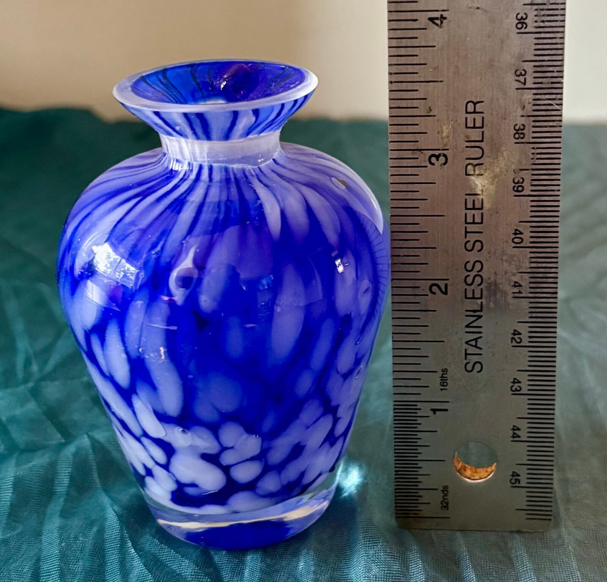 Vintage Cobalt Blue Art Glass Bud Vase White Spatter Hand Blown Mini Vase