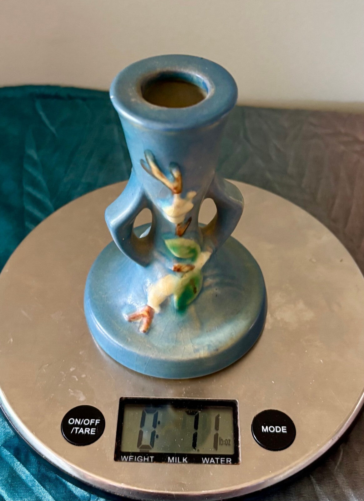 Vintage Roseville White Rose Blue Art Pottery Candle Stand Candlestick 1940s