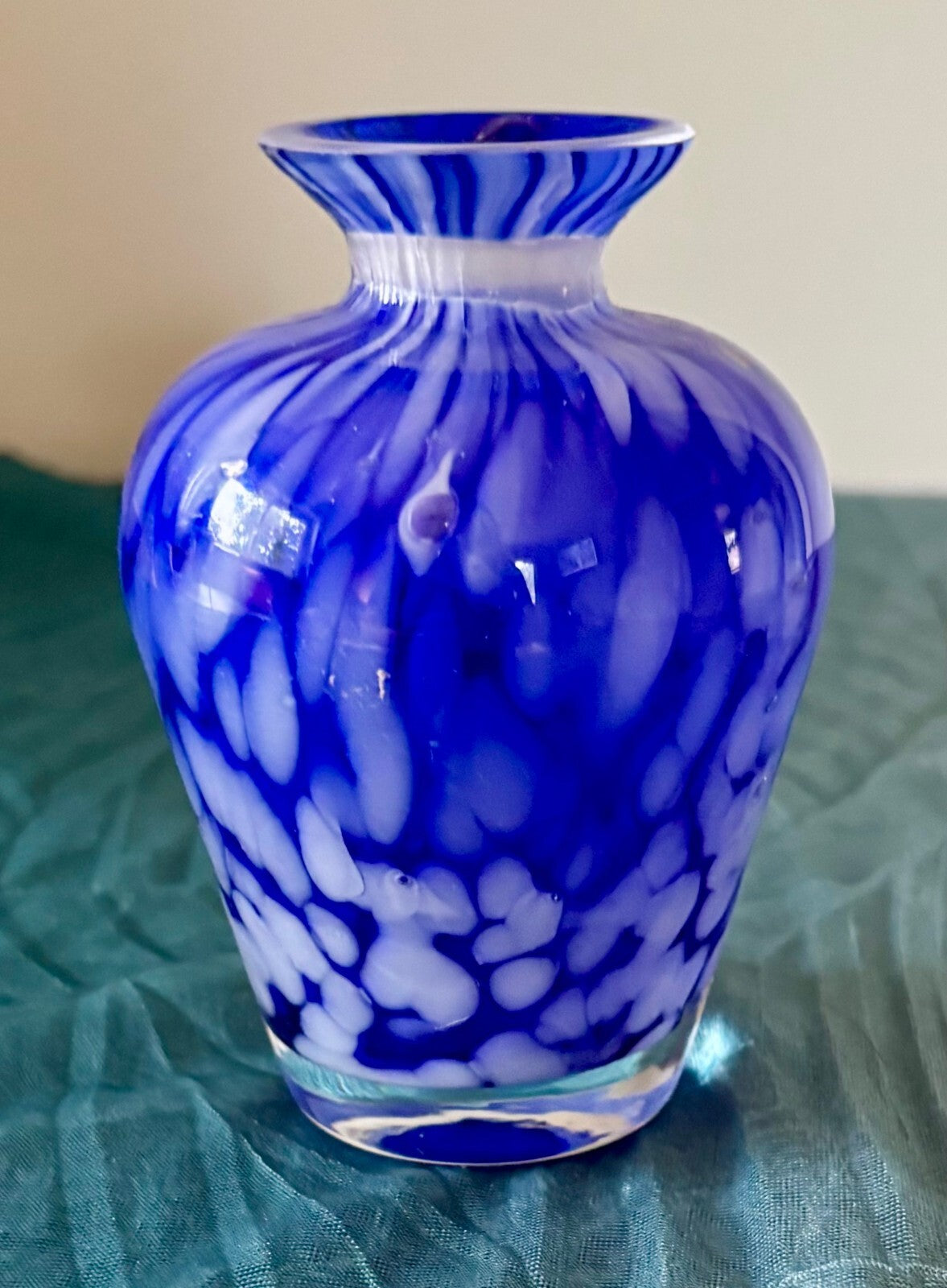 Vintage Cobalt Blue Art Glass Bud Vase White Spatter Hand Blown Mini Vase