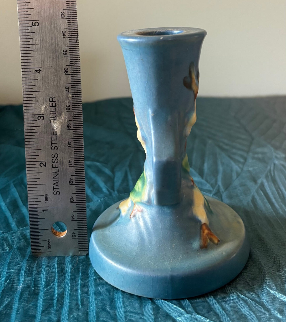 Vintage Roseville White Rose Blue Art Pottery Candle Stand Candlestick 1940s
