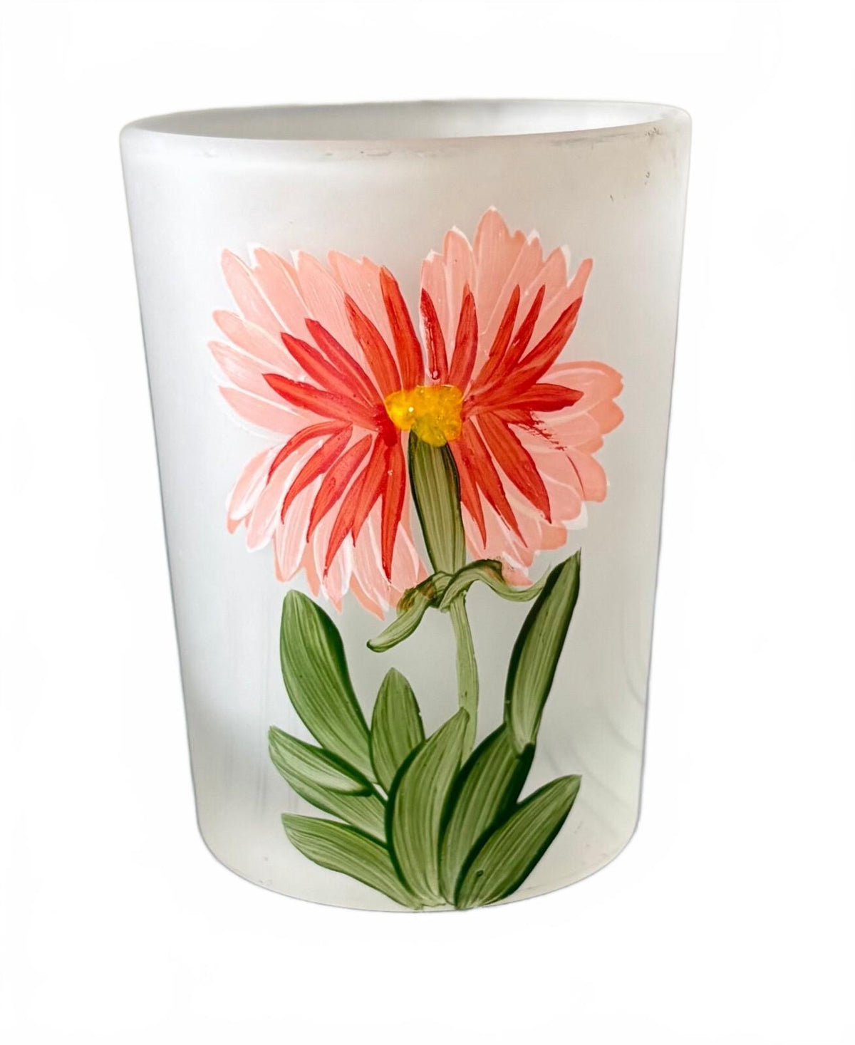 Vintage Frosted Glass Votive Candle Holder Hand Painted Pink Flower Floral