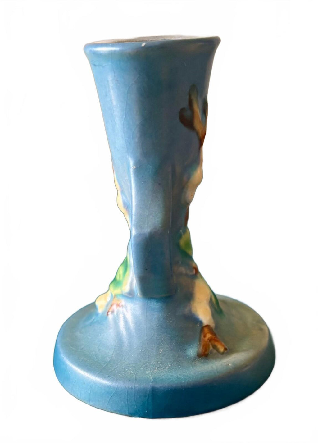 Vintage Roseville White Rose Blue Art Pottery Candle Stand Candlestick 1940s