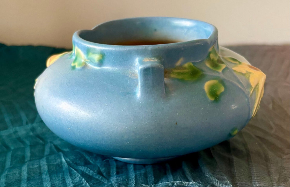 Vintage Roseville White Rose 653-3 Blue Art Pottery Planter Jardiniere 1940