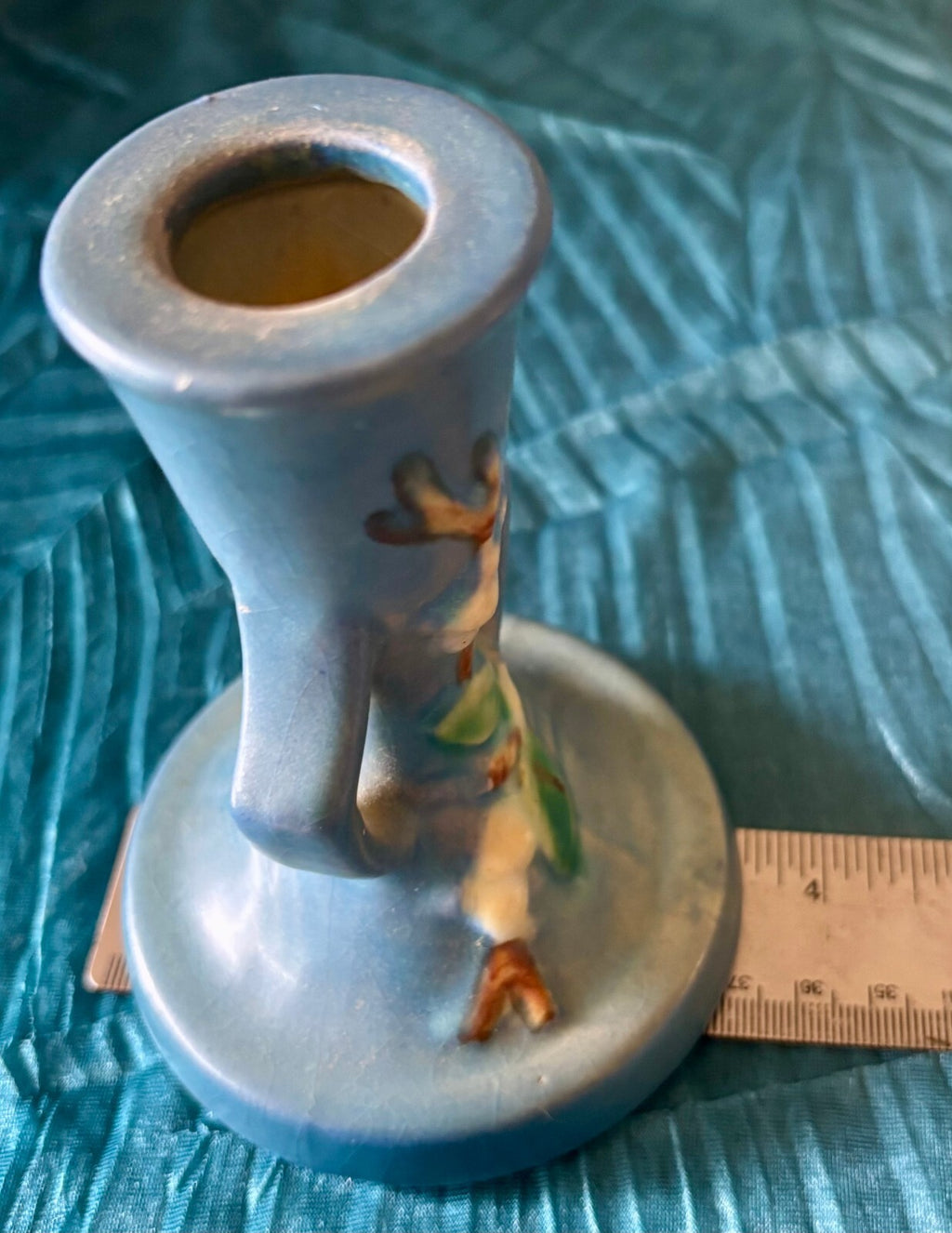 Vintage Roseville White Rose Blue Art Pottery Candle Stand Candlestick 1940s