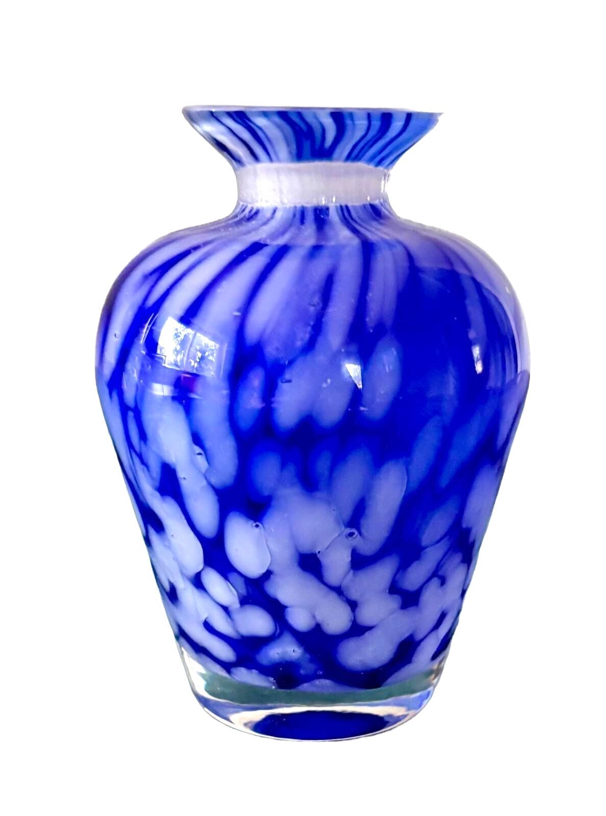 Vintage Cobalt Blue Art Glass Bud Vase White Spatter Hand Blown Mini Vase