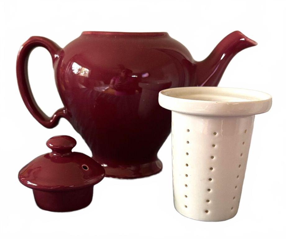 Vintage McCormick Tea Burgundy Ceramic Teapot w Infuser Made in USA