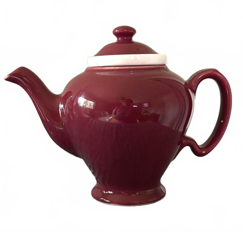 Vintage McCormick Tea Burgundy Ceramic Teapot w Infuser Made in USA