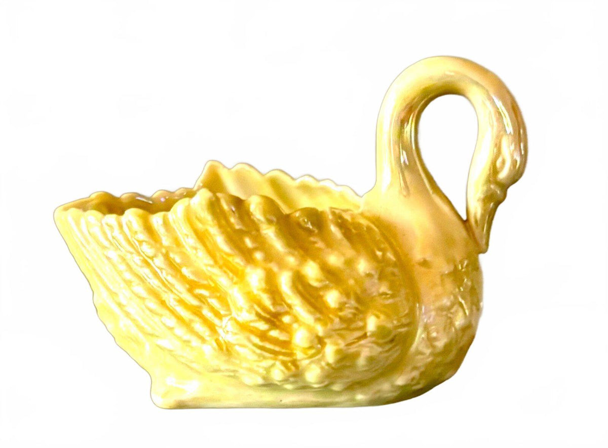 Antique Belleek Ireland Small Swan Dish Black Mark Yellow Lustre Porcelain