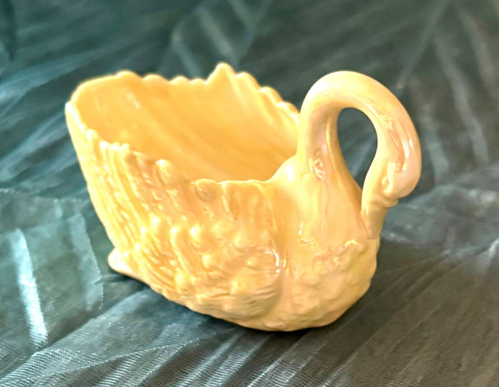Antique Belleek Ireland Small Swan Dish Black Mark Yellow Lustre Porcelain