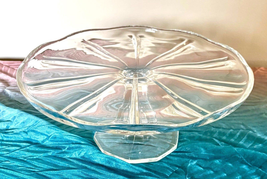 Vintage Clear Glass Pedestal Cake Stand 11" Wavy Rim Footed Serving Platter
