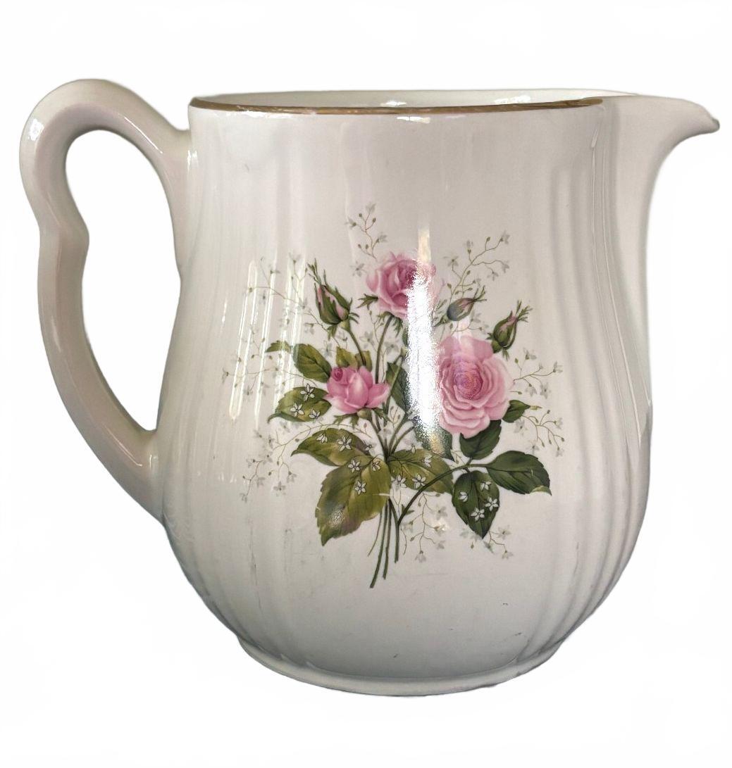 Vintage Hall China Heather Rose Pitcher Pink Roses Gold Trim USA 1950s