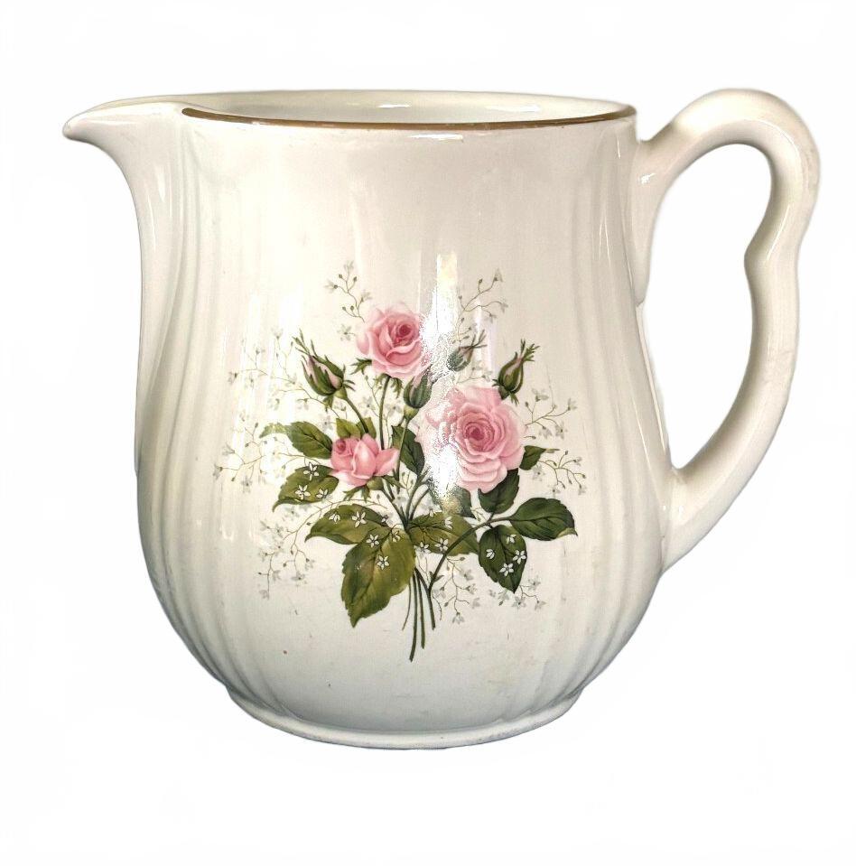 Vintage Hall China Heather Rose Pitcher Pink Roses Gold Trim USA 1950s