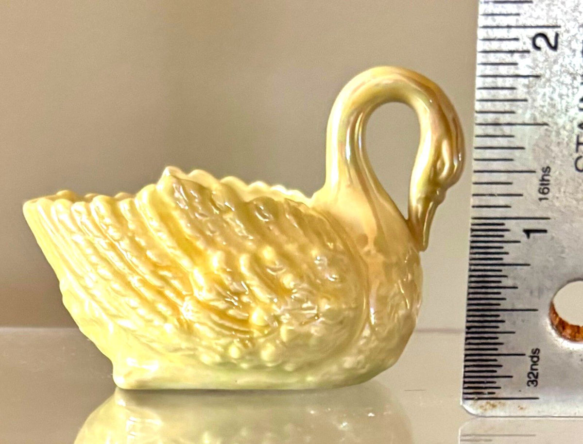 Antique Belleek Ireland Small Swan Dish Black Mark Yellow Lustre Porcelain