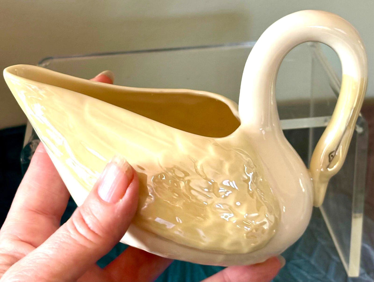Vintage Belleek Ireland Swan Planter Creamer 7th Mark Yellow Lustre Porcelain