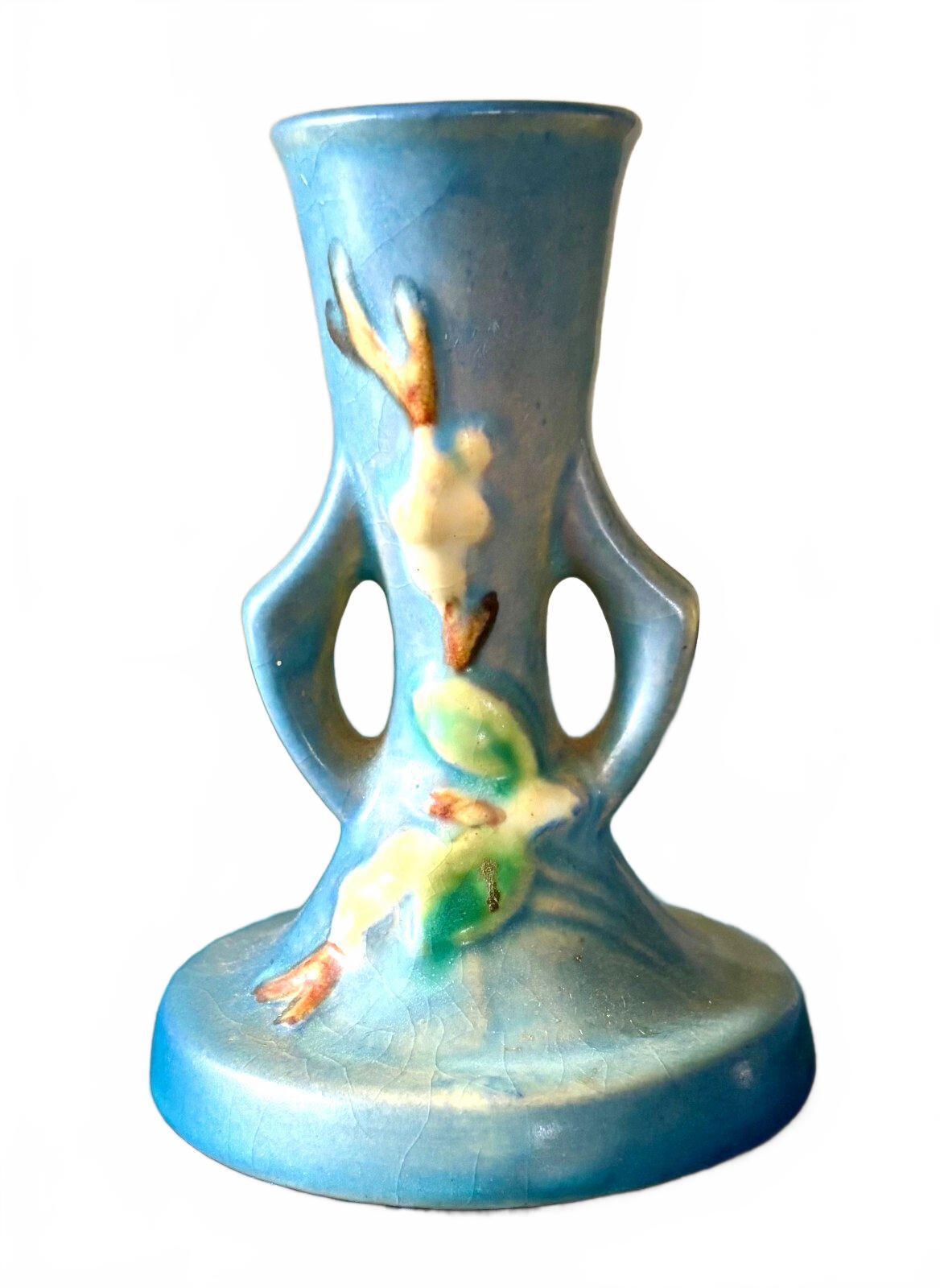 Vintage Roseville White Rose Blue Art Pottery Candle Stand Candlestick 1940s