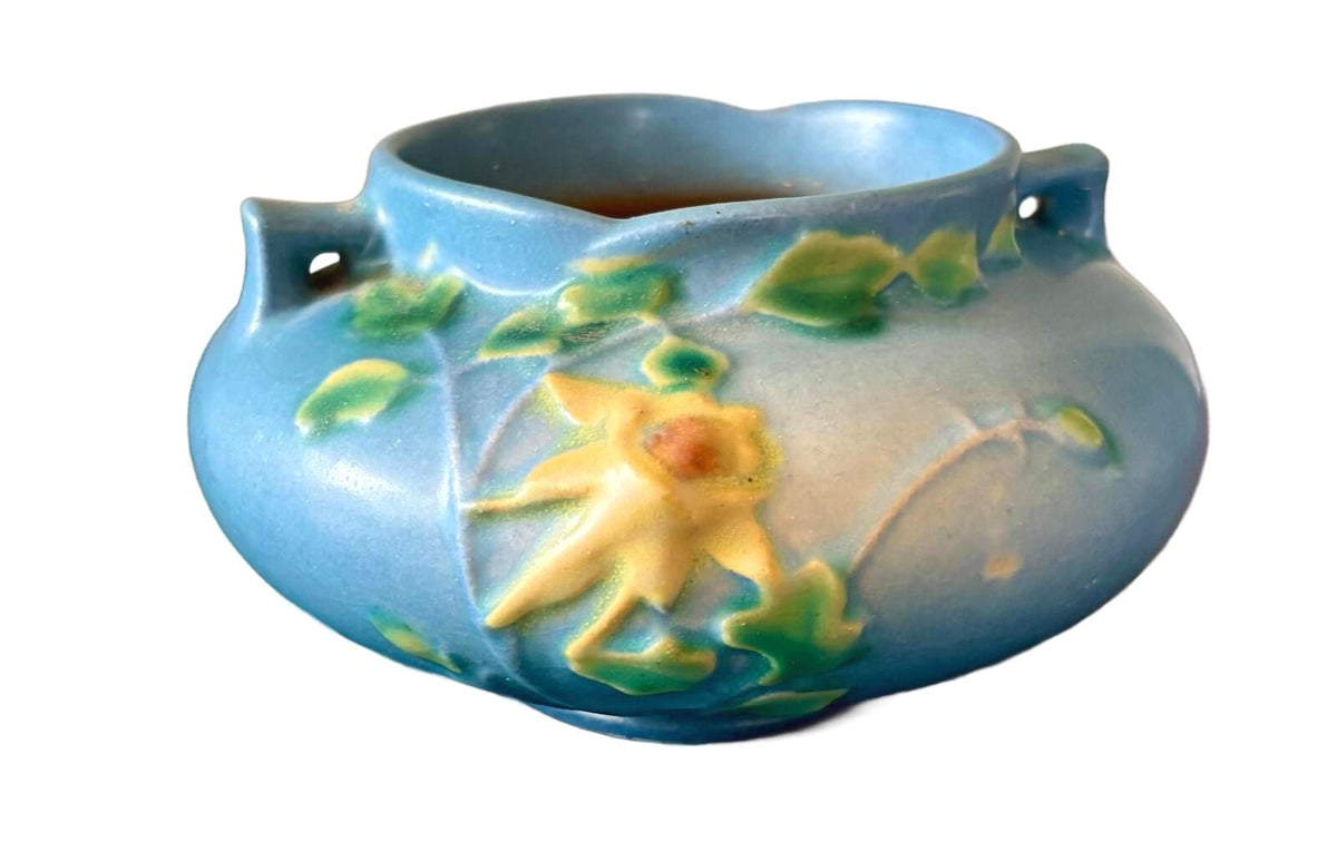 Vintage Roseville White Rose 653-3 Blue Art Pottery Planter Jardiniere 1940