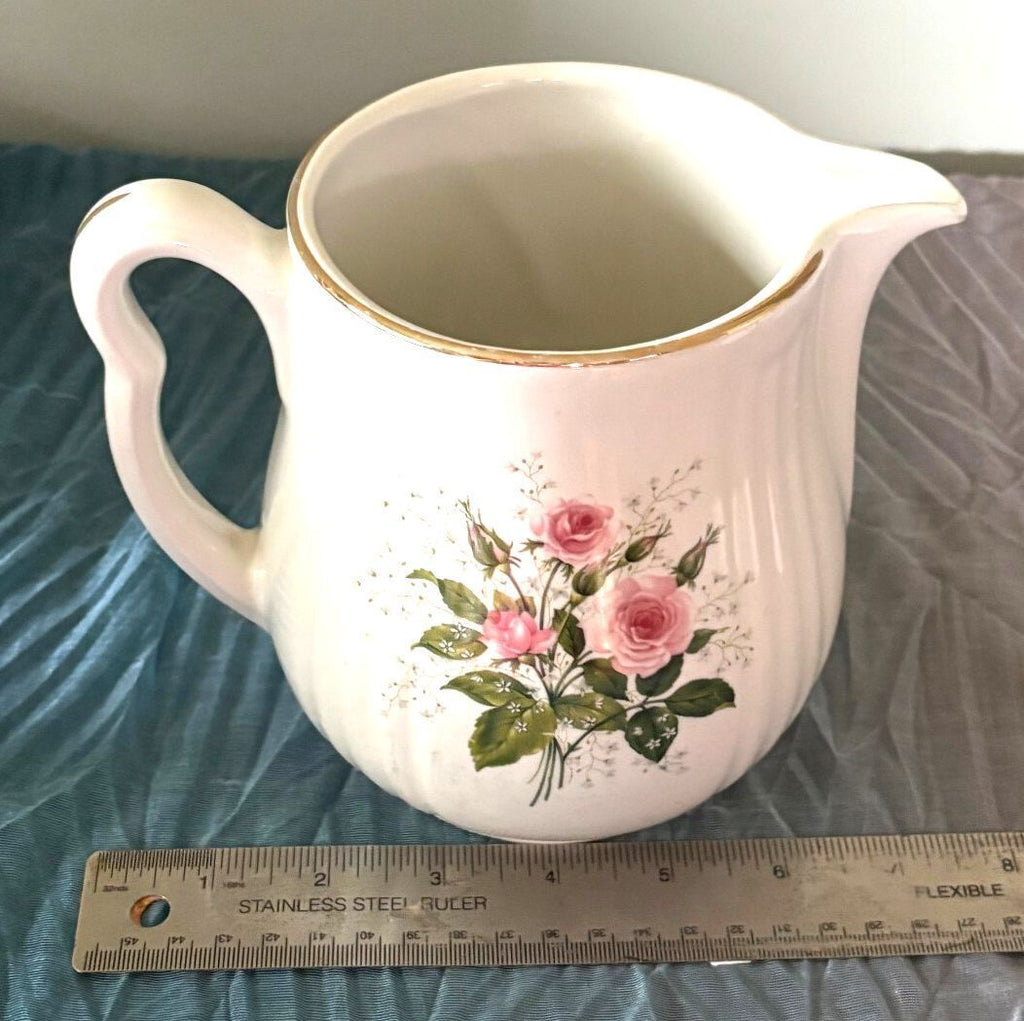 Vintage Hall China Heather Rose Pitcher Pink Roses Gold Trim USA 1950s