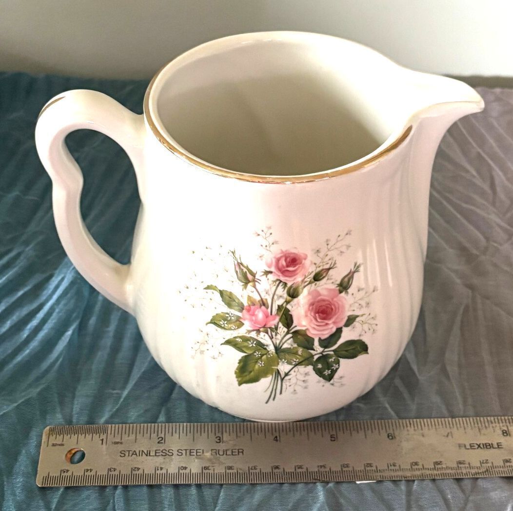 Vintage Hall China Heather Rose Pitcher Pink Roses Gold Trim USA 1950s