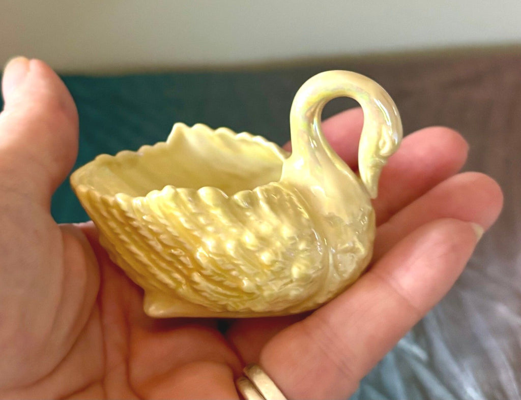 Antique Belleek Ireland Small Swan Dish Black Mark Yellow Lustre Porcelain