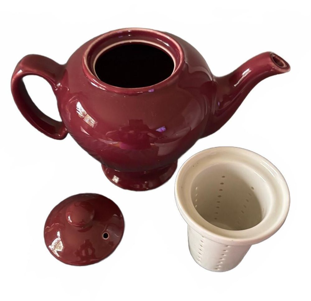 Vintage McCormick Tea Burgundy Ceramic Teapot w Infuser Made in USA
